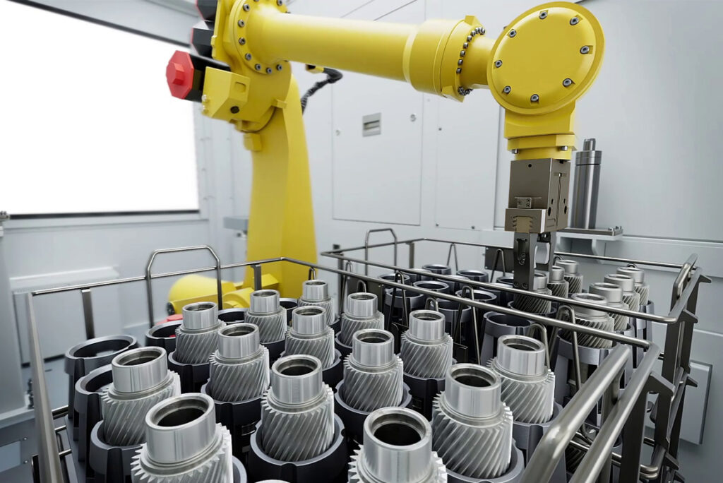 Robot cell for handling the drive shafts