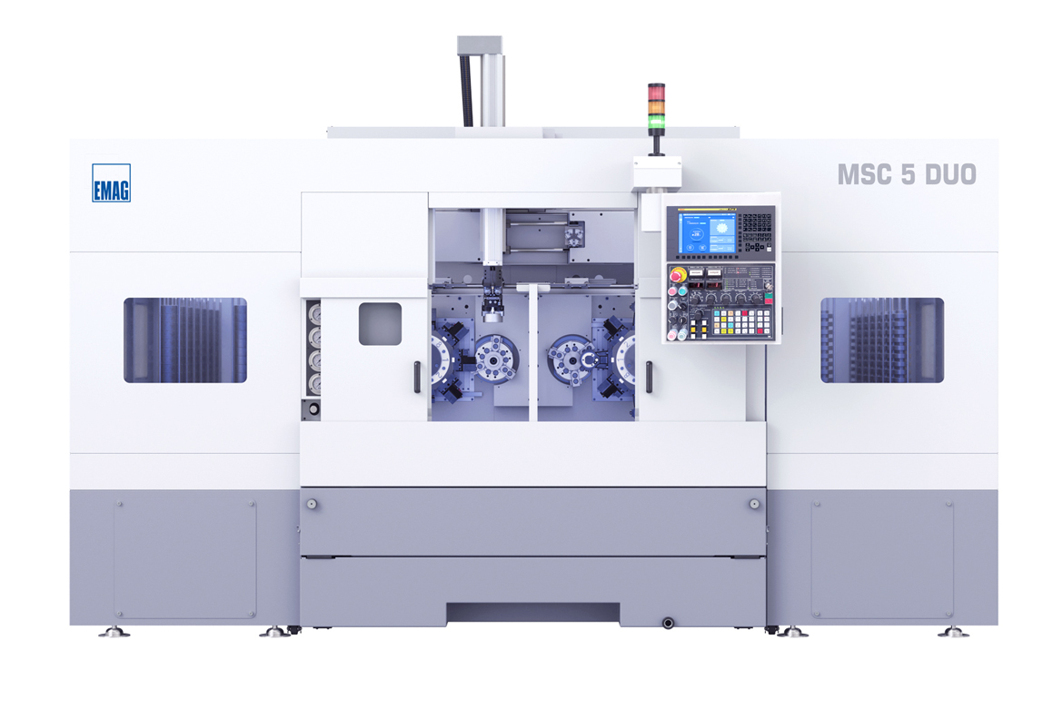 Front view of the MSC 5 DUO lathe with integrated automation and compact design.
