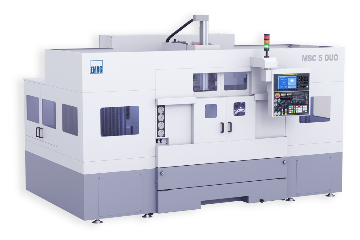 Front view of the MSC 5 DUO lathe from EMAG in white machine cladding with FANUC control panel, protective covers and signal light.
