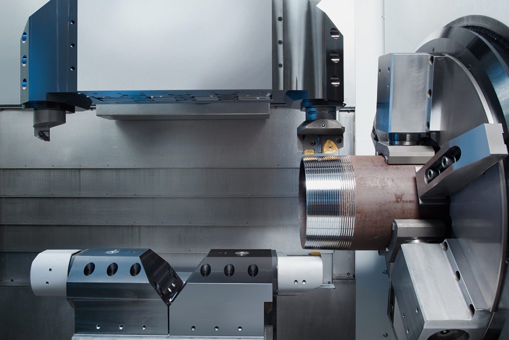 Interior view of the EMAG USC 21 machine, equipped with turrets for parallel, multi-axis machining of tubes
