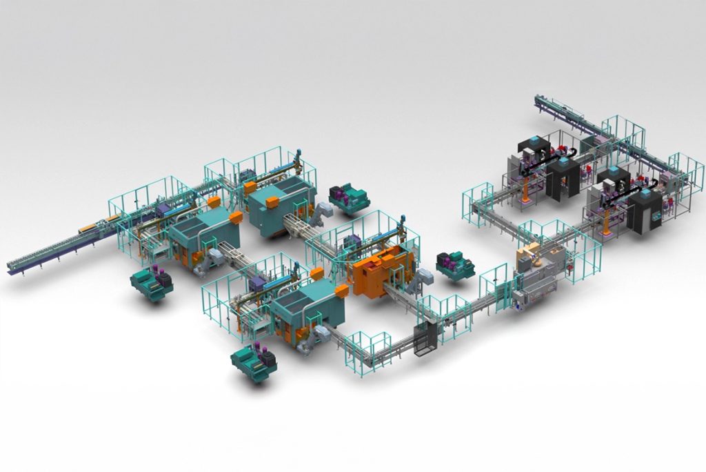 Overview of an automated production line with several link-up EMAG lathes, handling systems and integrated quality controls for the production of couplings