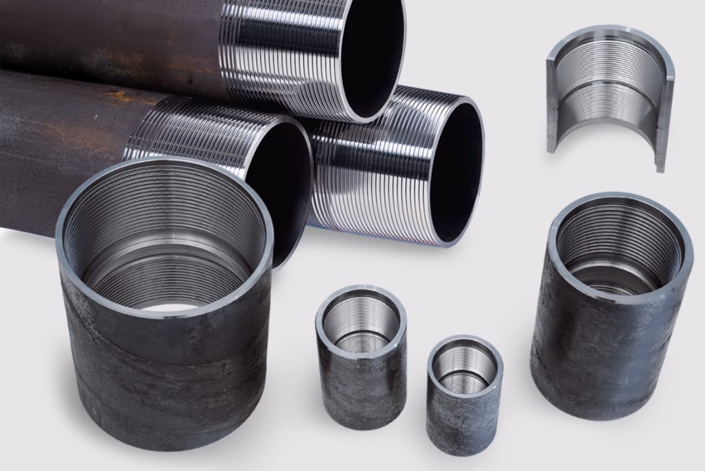 Various OCTG pipes and couplings used to make threaded connections. Both external and internal threads in high production quality are visible.