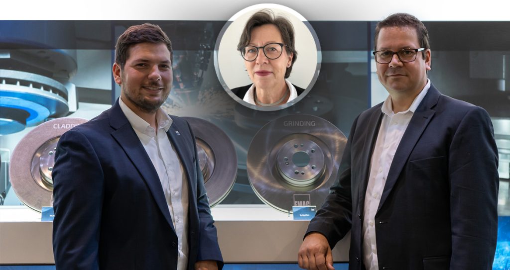 Dominic Grimminger (Product Manager Hard Coating of Brake Discs at EMAG LaserTec GmbH), Oliver Hagenlocher (Head of Marketing at EMAG Systems GmbH), Marina Manger (Technical Sales BU Grinding at EMAG)