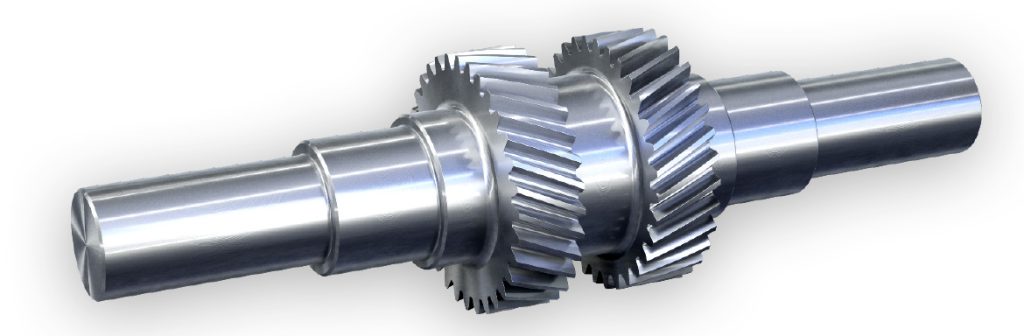 Double helical gears on a shaft for force flow-optimized torque transmission without axial forces