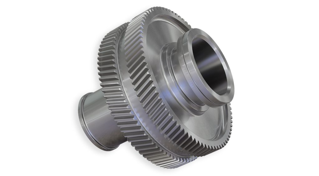 Double helical gearing for force flow-optimized transmission without axial forces, manufactured on an EMAG GP 500 H.