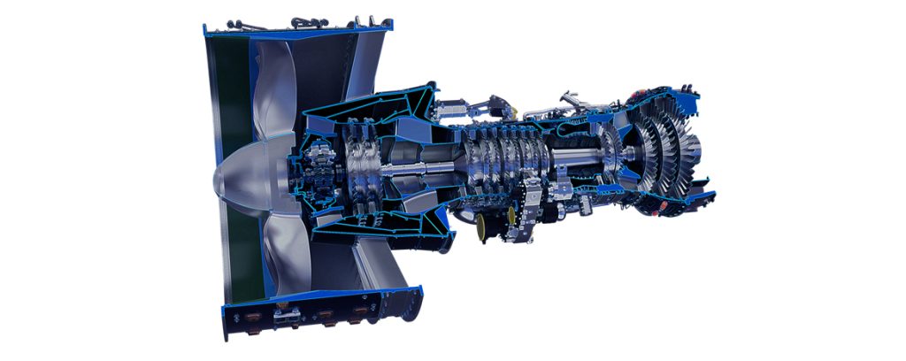 Illustration of a turbofan engine with focus on the double helical gearing for force flow-optimized torque transmission.