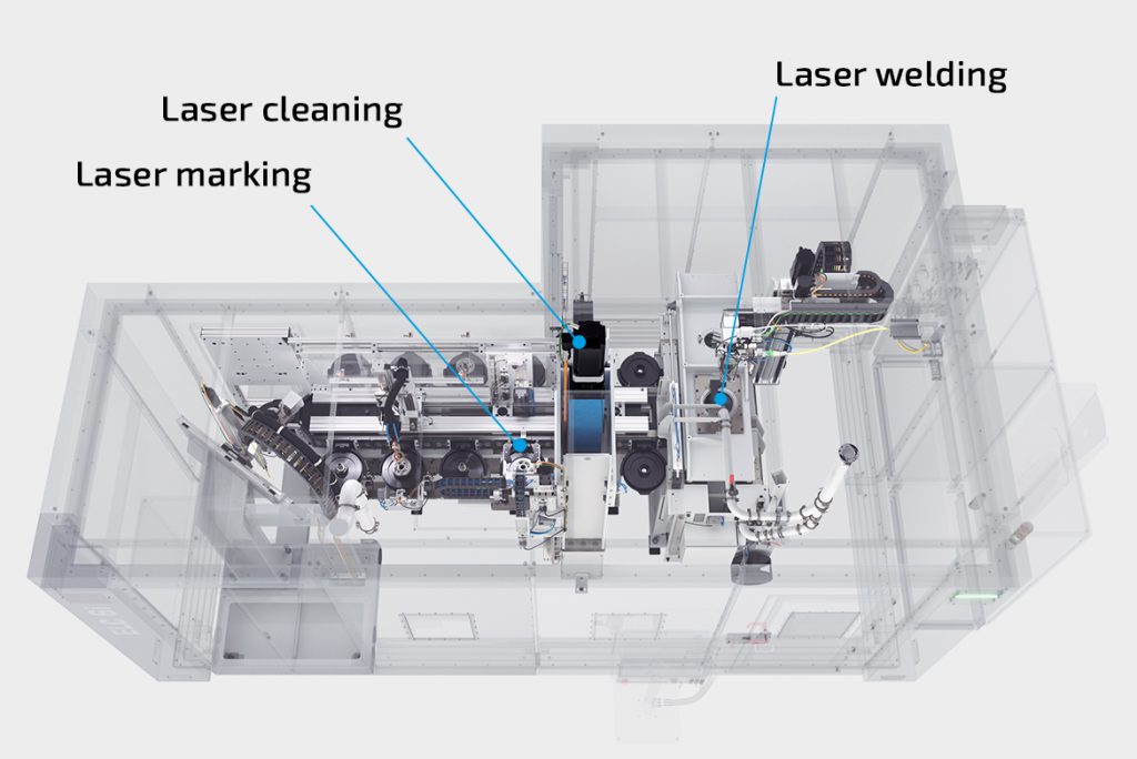 Interior view of the ELC 6i with marked laser processes: Cleaning, welding and marking in one compact system.