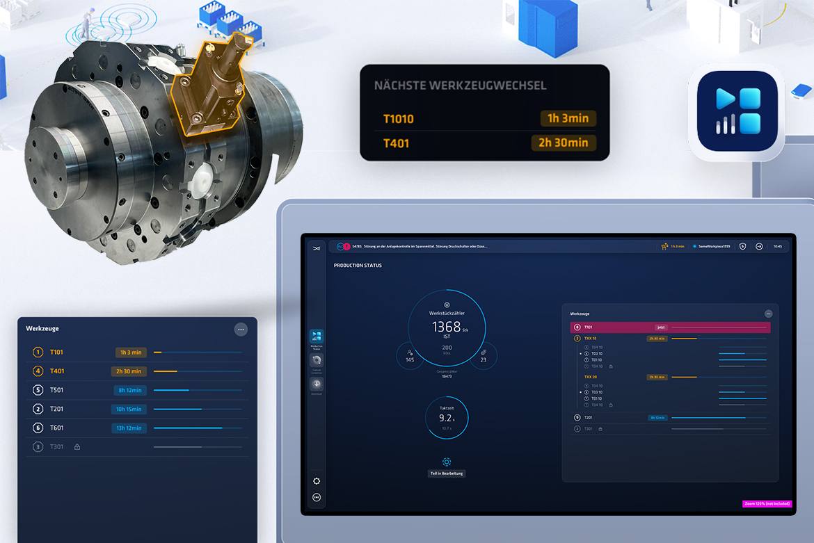 EMAG user interface shows tool change prediction with real-time warning for necessary replacement and detailed tool life display in minutes.
