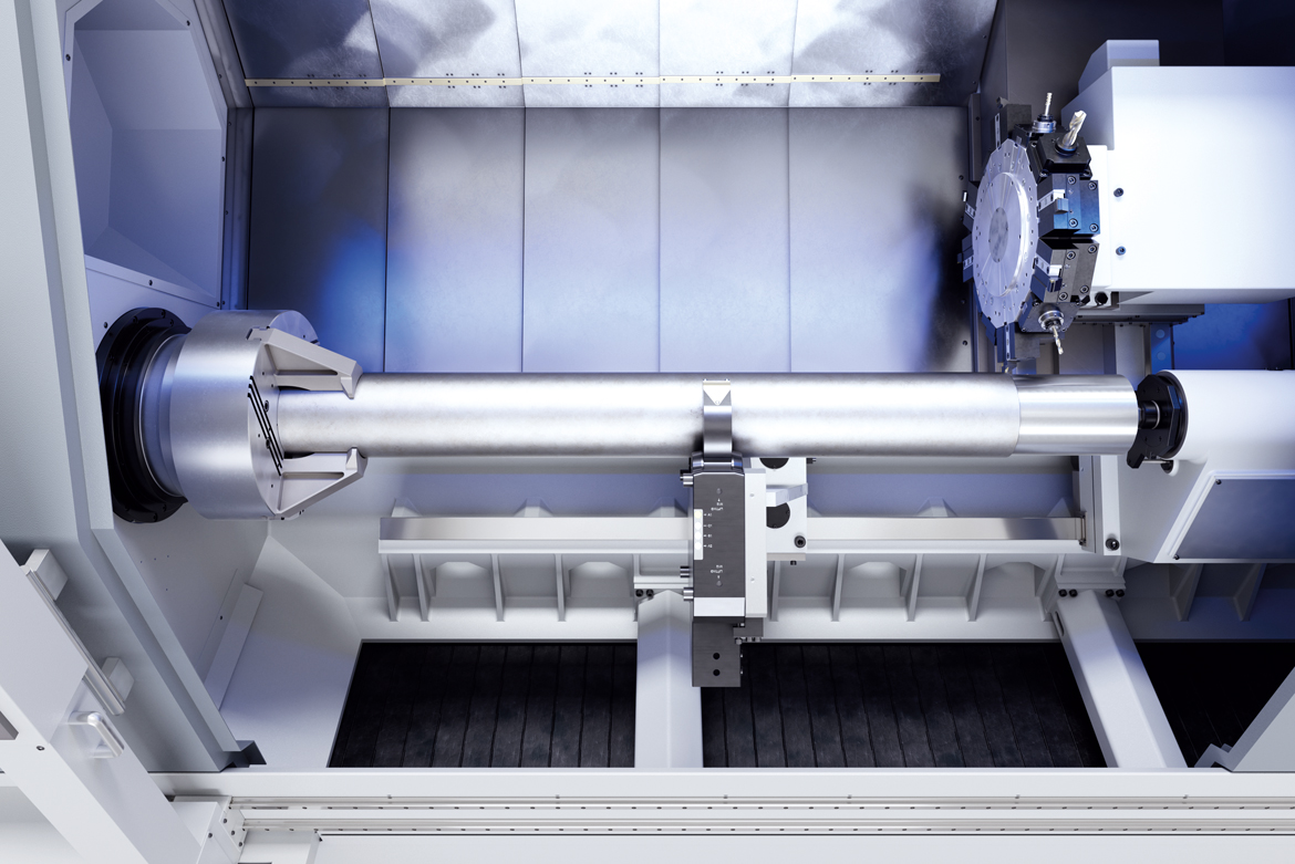 Interior view of the work area of the USC 850 universal lathe.