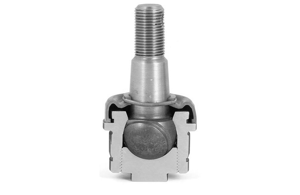 Cross-section of a ball joint with ball pin and bearing shell. The illustration shows the internal structure and the contact surfaces relevant to function.
