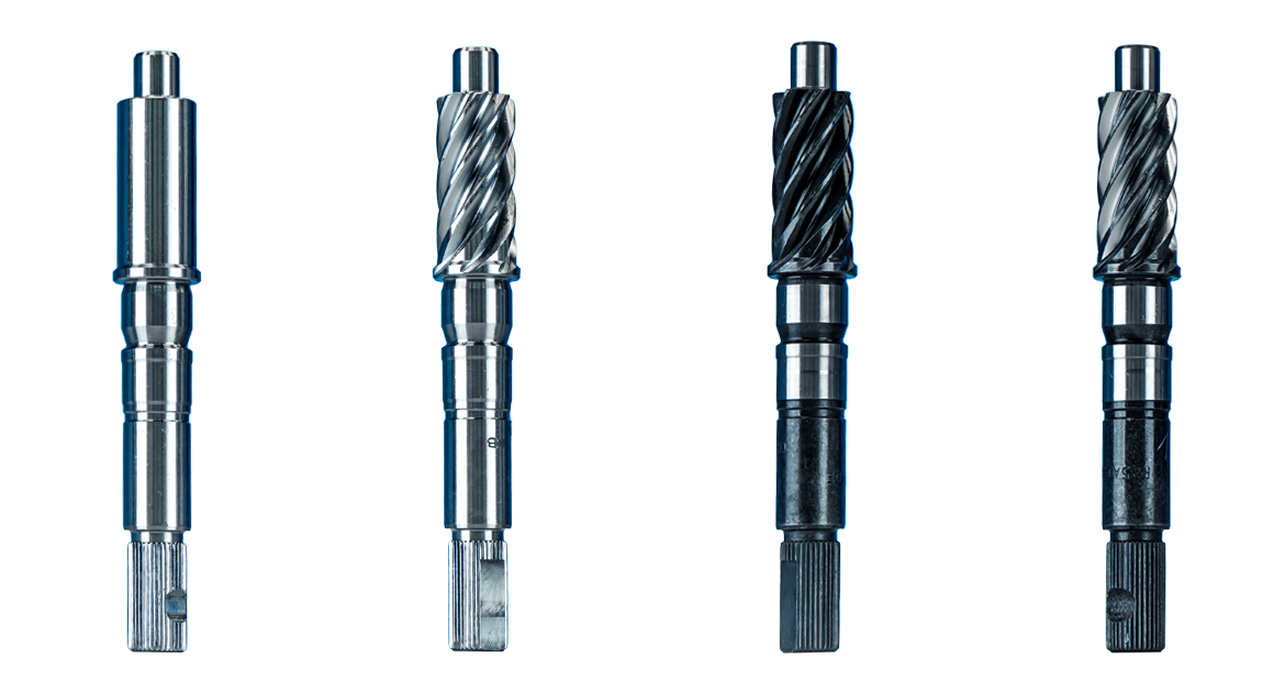 Illustration of the manufacturing stages of a steering pinion, starting with the turned blank and ending with the finished, gear-cut, and ground end product.