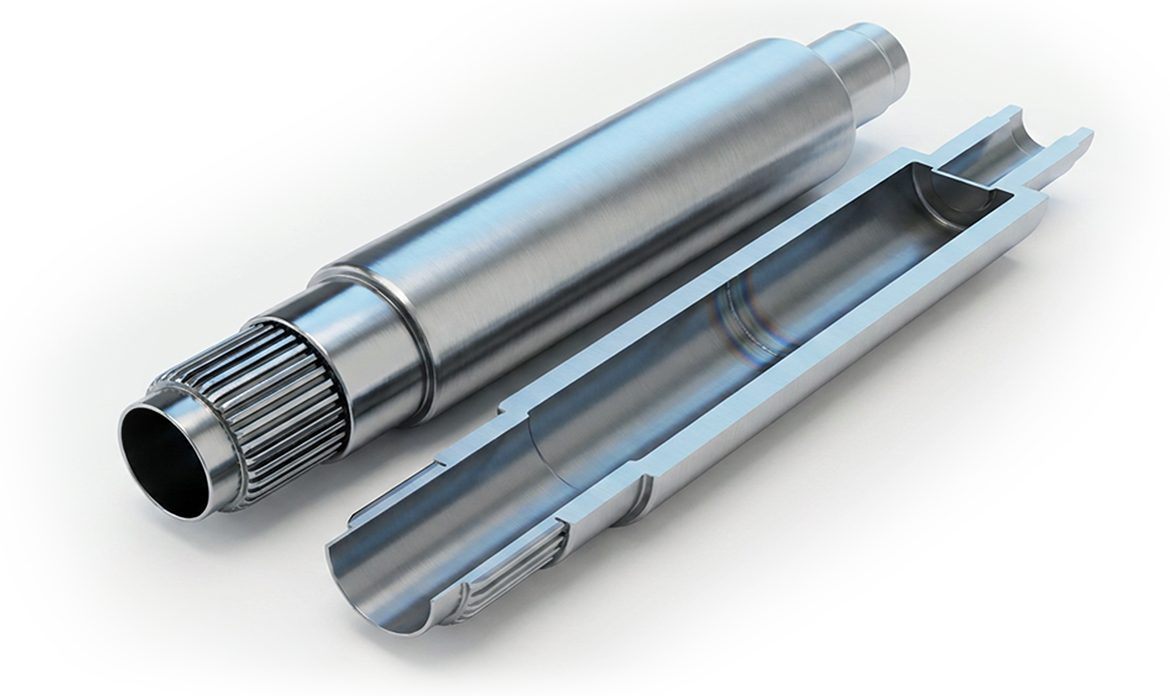 Assembled rotor shaft with a laser weld. Several individual parts are joined with precision to form a functional shaft.