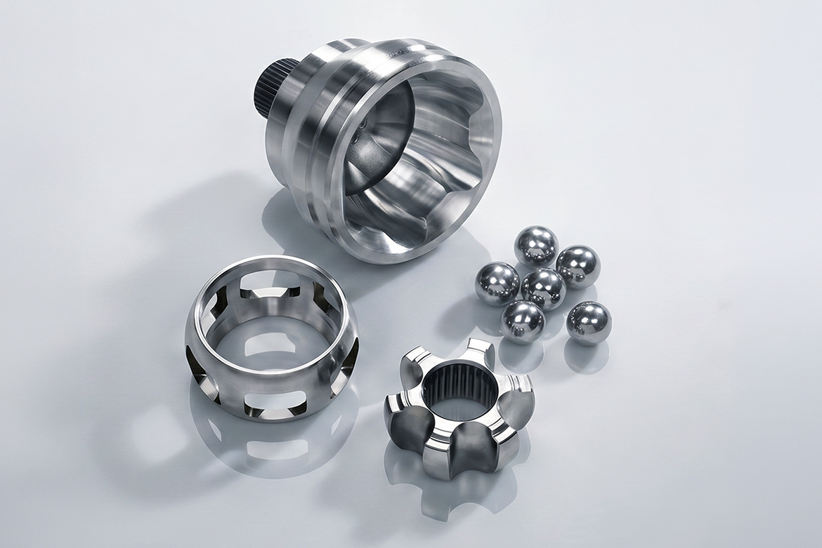 Joint housing, ball cage, inner race, and balls as components of a cv joint, machined with precision for maximum performance 