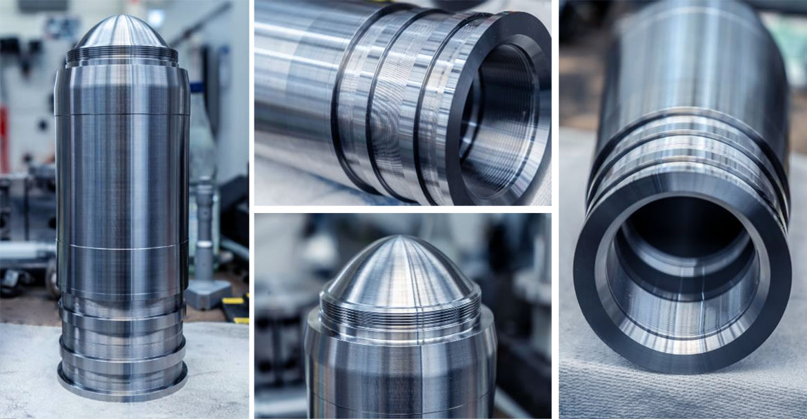 Turned sample parts of the 120-mm armor-piercing ammunition with ogive, external thread, undercuts, and internal thread.