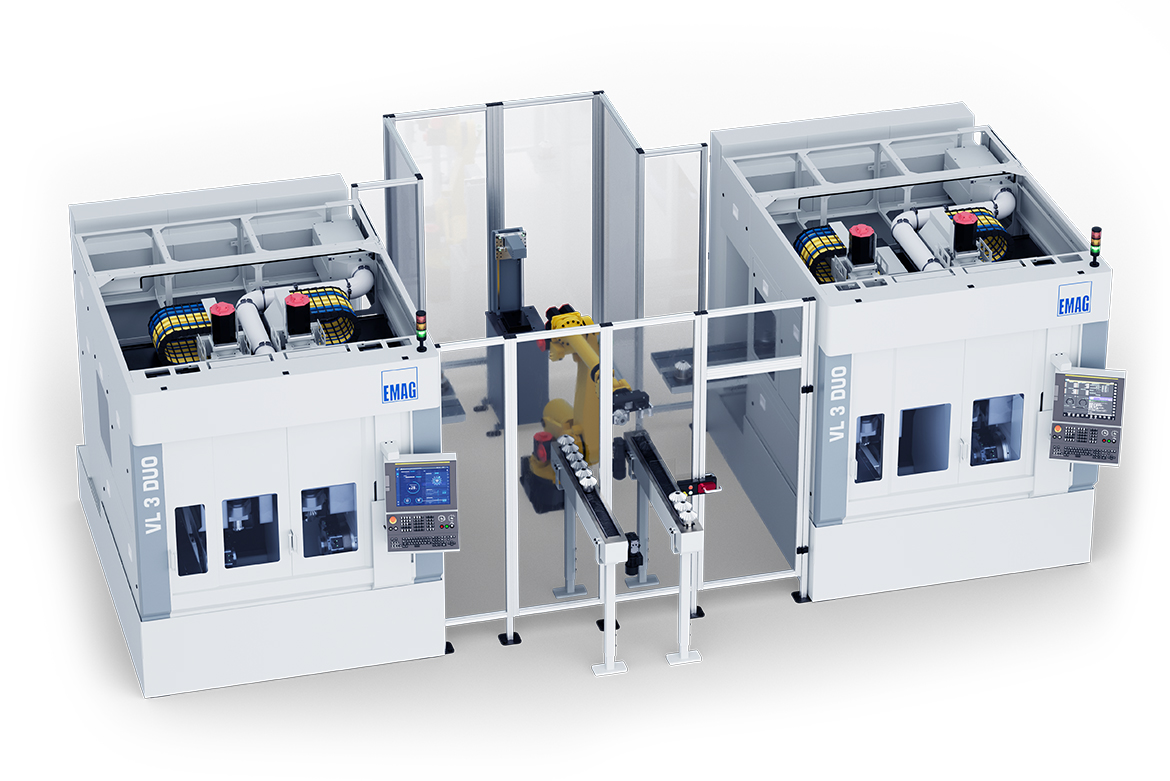 Manufacturing cell consisting of two EMAG VL 3 DUO machines with a robot and a double-L shuttle for batch production