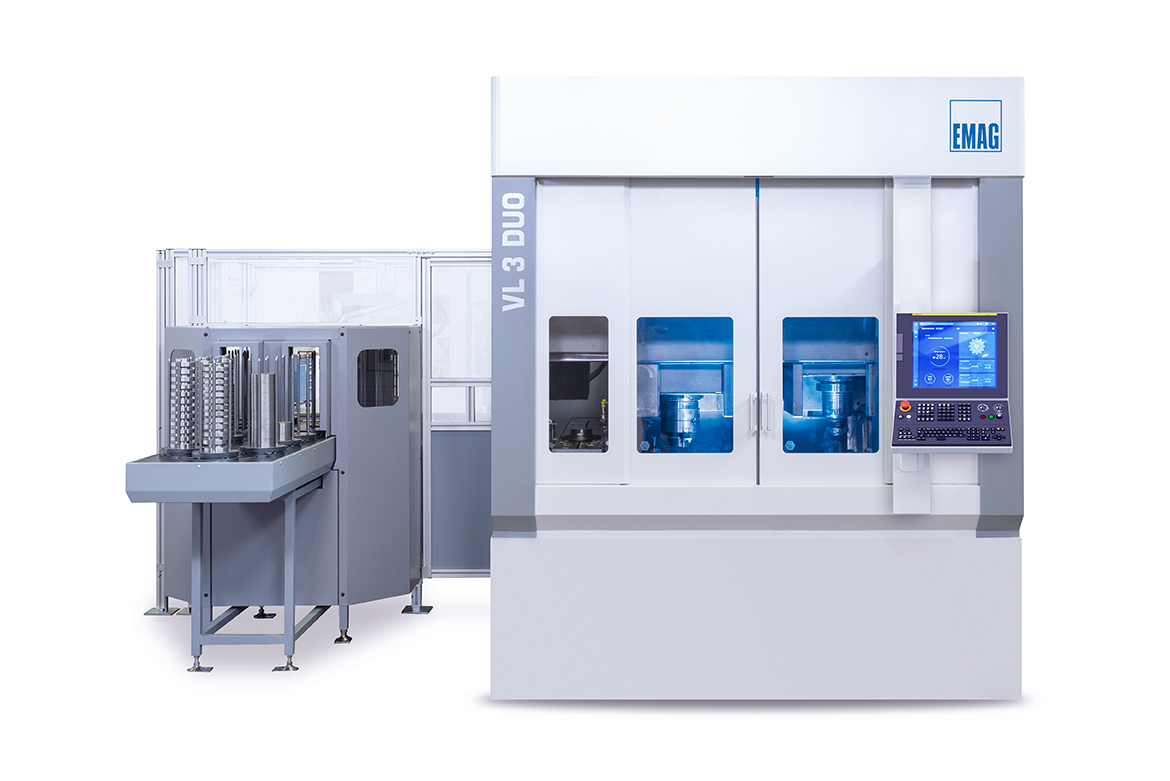 EMAG VL 3 DUO dual-spindle lathe with workpiece magazine.