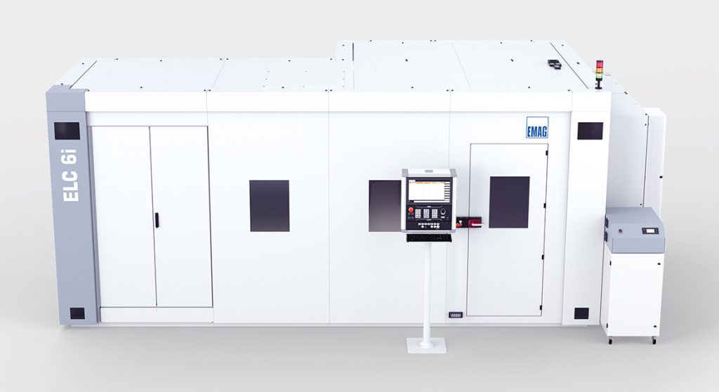 Vista frontal de la instalación de soldadura láser ELC 6i de EMAG, con diseño compacto y unidad de control central. 