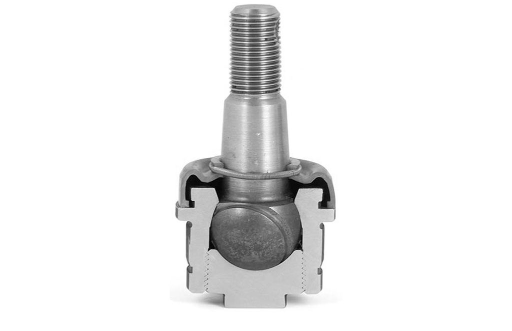 Sección transversal de una rótula esférica con perno de bola y casquillo. La ilustración muestra la estructura interna y las superficies de contacto relevantes para el funcionamiento.