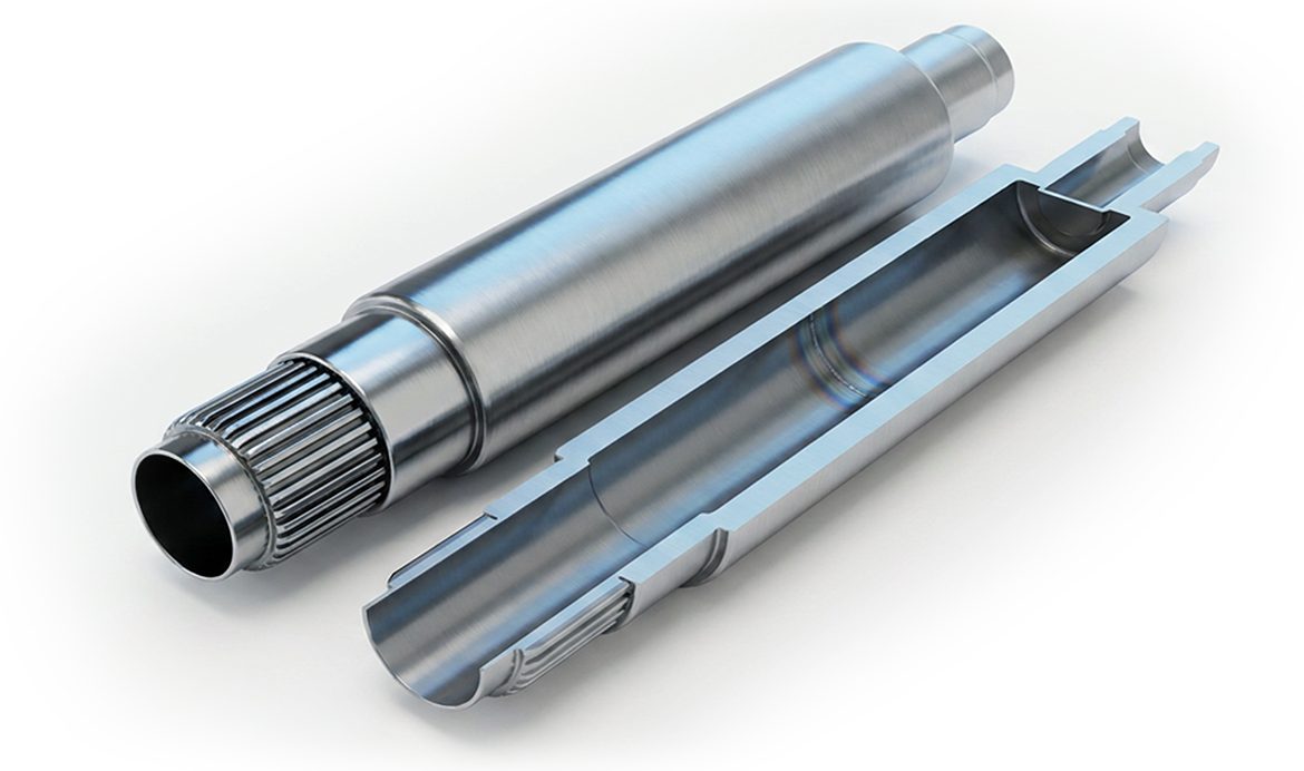 Flecha de rotor ensamblada con cordón de soldadura láser. Varios componentes individuales han sido unidos con alta precisión para formar una flecha funcional.