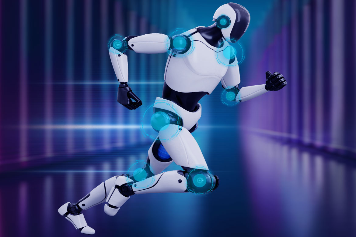 Robot humanoide con ejes articulares. Representación de las áreas de aplicación típicas de transmisiones de precisión en sistemas robóticos humanoides. 