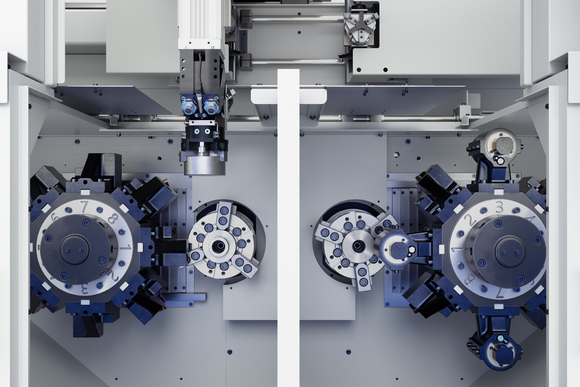 Detailansicht des Arbeitsraums der MSC 5 DUO mit zwei mechanisch entkoppelten Spindeleinheiten, BMT-Werkzeugrevolvern mit je acht Positionen und präzisen Linearführungen für X- und Z-Achse.