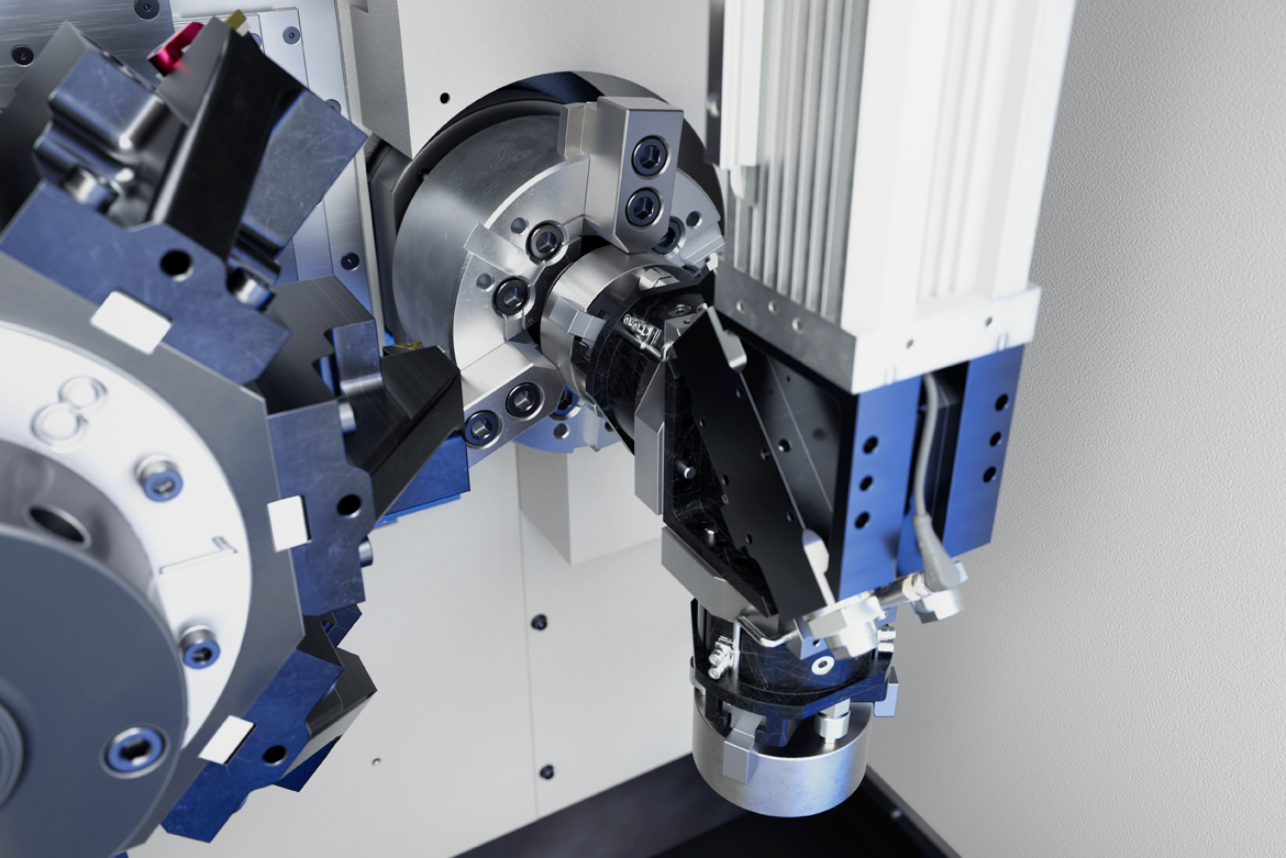 Das Portalladesystem der MSC 5 DUO. Zu sehen ist der Arbeitsraum und das Portal, das die Spindel belädt. Das System reduziert Nebenzeiten drastisch und ermöglicht eine hochproduktive, mannarme Fertigung.
