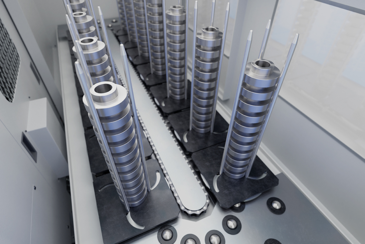 Blick auf das kompakte Stacker-System der MSC 5 DUO mit mehreren vertikalen Werkstückspeichern.