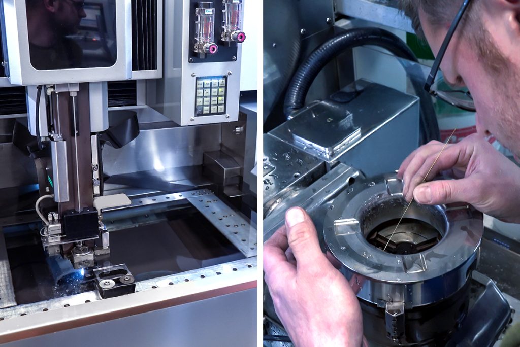 Zweiteilige Bildkomposition aus dem Werkzeugbau der PENN GmbH: Links ein Mitarbeiter an einer CNC-Maschine, rechts ein Techniker bei der Feinbearbeitung eines präzisen ringförmigen Werkzeugs