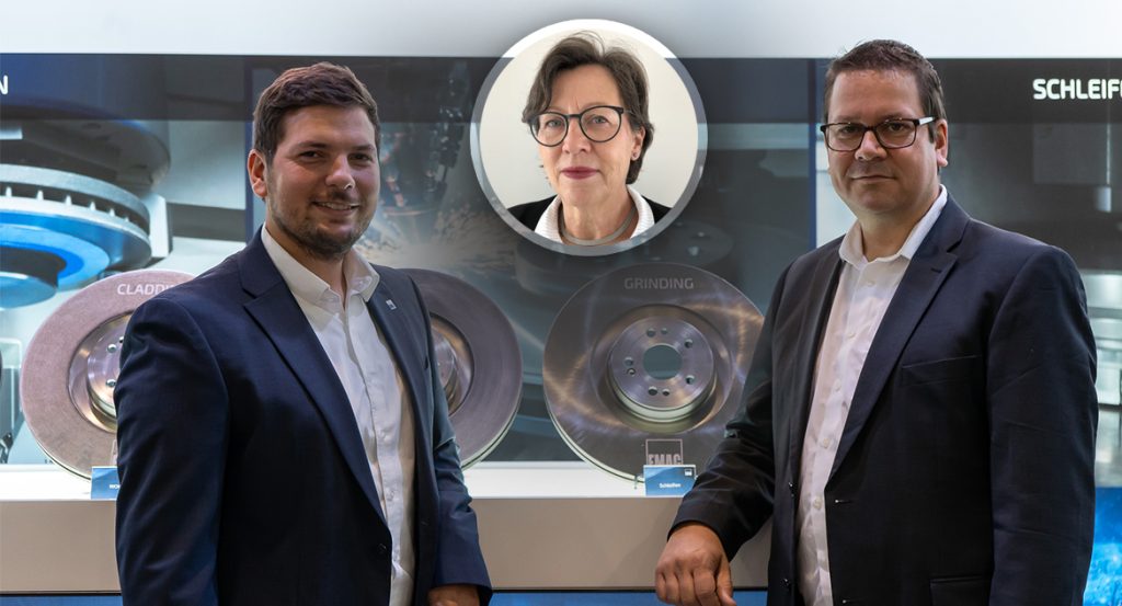 Dominic Grimminger, Produktmanager Beschichtete Bremsscheibe bei EMAG LaserTec GmbHOliver Hagenlocher, Leiter Marketing der EMAG Systems GmbH Marina Manger, Technischer Vertrieb BU Schleifen bei EMAG 