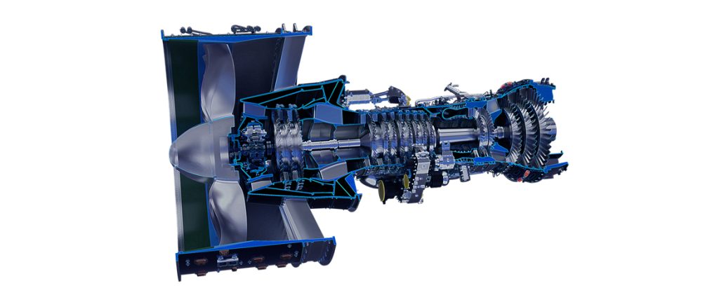 Darstellung eines Turbofan-Triebwerks mit Fokus auf die Doppelschrägverzahnung zur kraftflussoptimierten Drehmomentübertragung.
