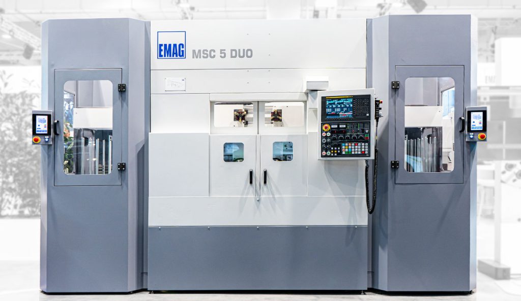 EMAG MSC 5 DUO CNC-Drehmaschine in kompakter Bauweise mit zwei Bearbeitungsstationen und integrierter Automatisierung 