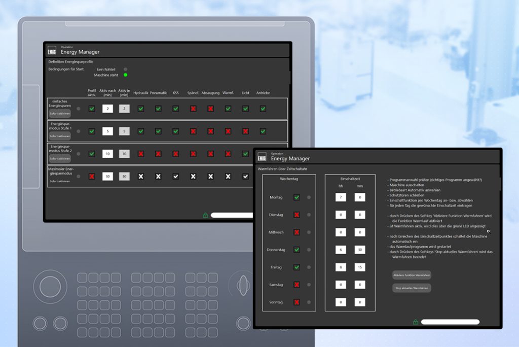 EDNA Energy Manager Oberfläche mit einstellbaren Energie- und Zeitprofilen zur automatischen Steuerung von Maschinenfunktionen