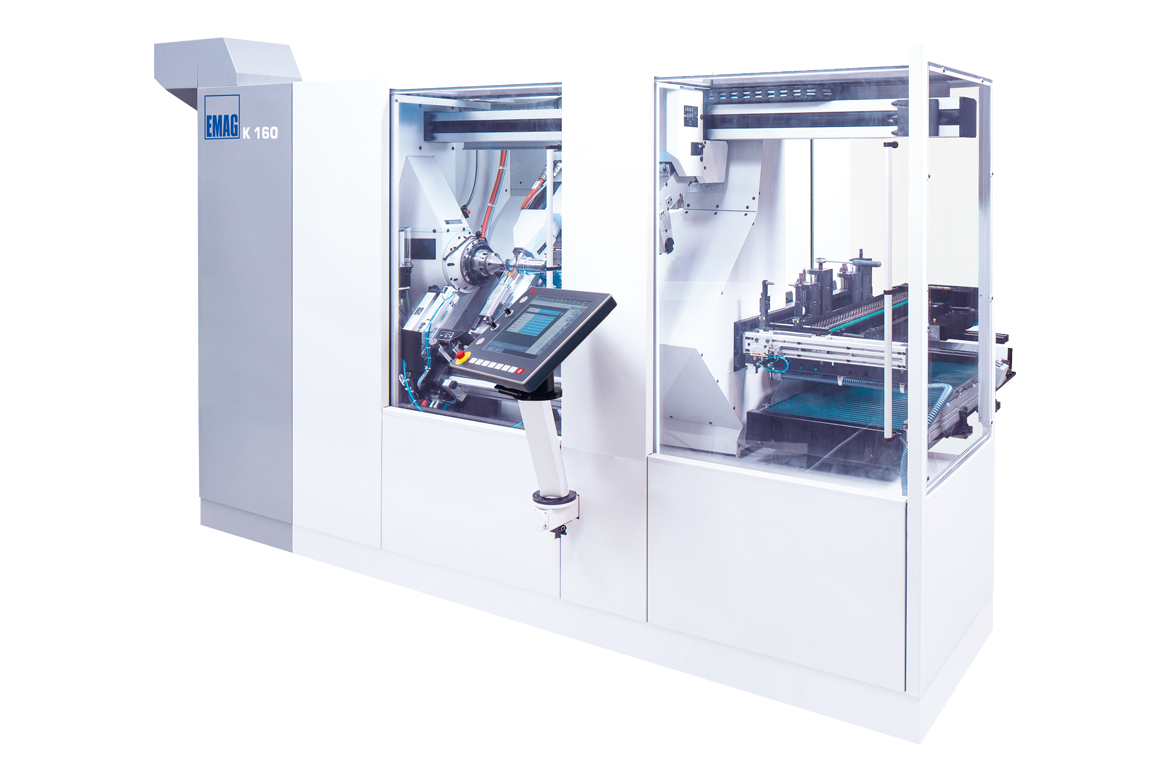 Außenansicht der EMAG K 160 Wälzfräsmaschine, spezialisiert auf die hochproduktive Fertigung von Lenkritzeln. 