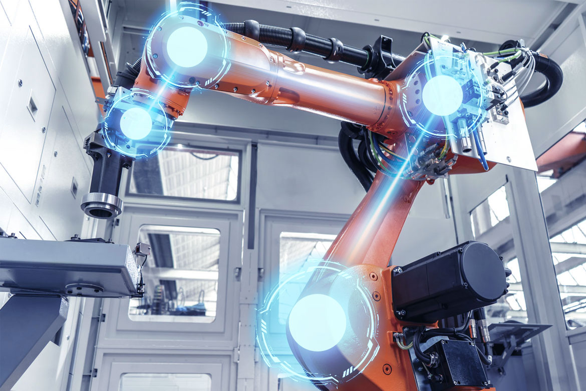 Industrieroboter mit hervorgehobenen Gelenkachsen. Darstellung typischer Einsatzbereiche von Wellengetrieben in Roboteranwendungen. 